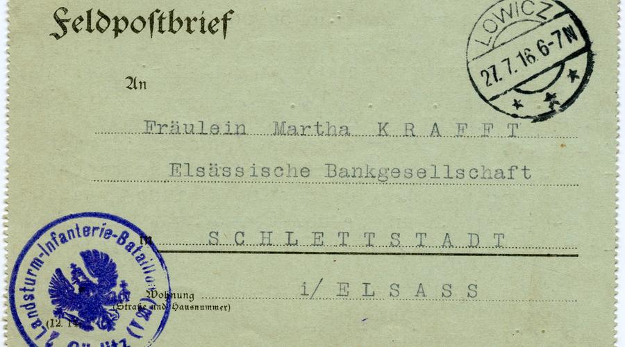 Pli envoyé le 27 Juillet 1916 par Marcel André à Martha Krafft, qui est la sœur de Karl Krafft. Marcel André était un ami de la famille Krafft. 