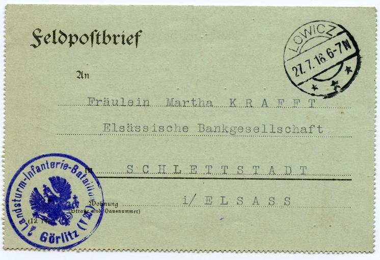 Pli envoyé le 27 Juillet 1916 par Marcel André à Martha Krafft, qui est la sœur de Karl Krafft. Marcel André était un ami de la famille Krafft. 