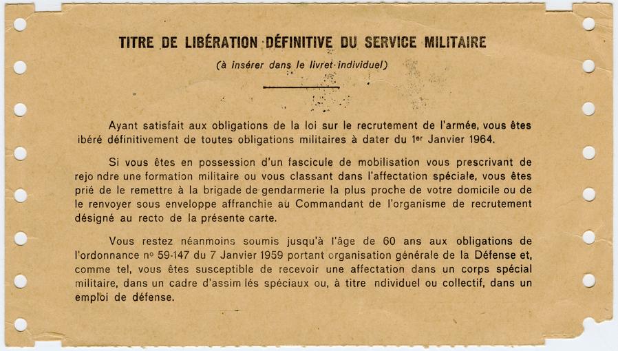 Verso du titre de libération définitive du service militaire. 