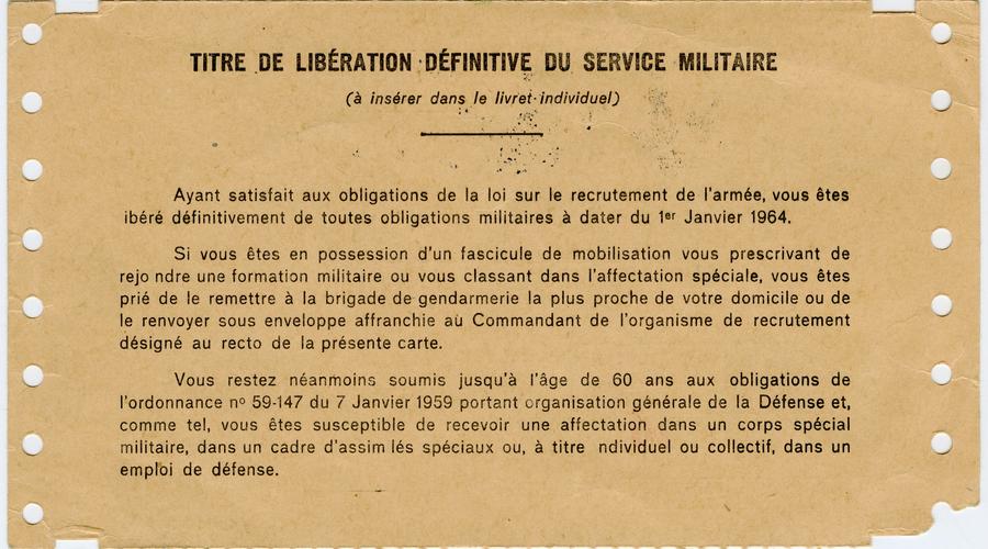 Verso du titre de libération définitive du service militaire. 