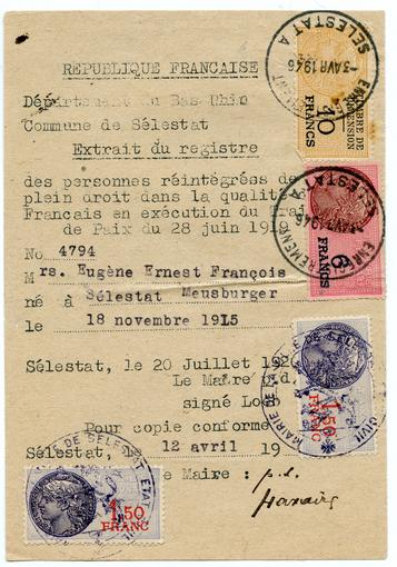 Document qui prouve la réintégration de François Meusburger en qualité de français, après la Première Guerre Mondiale.