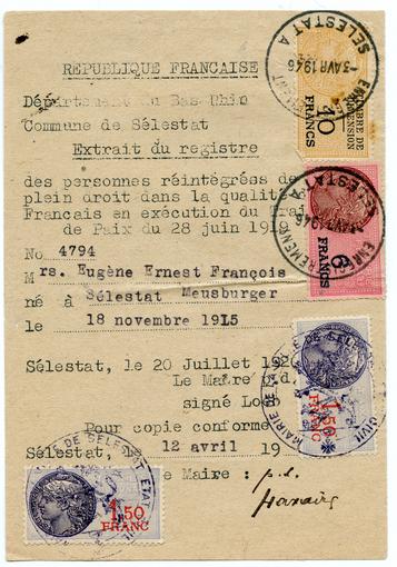 Document qui prouve la réintégration de François Meusburger en qualité de français, après la Première Guerre Mondiale.