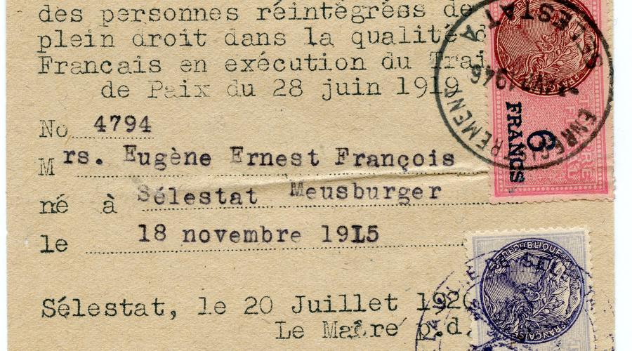 Document qui prouve la réintégration de François Meusburger en qualité de français, après la Première Guerre Mondiale.
