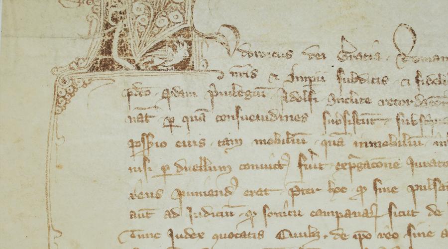 Troisième charte de l'empereur Louis de Bavière, confirmant les privilèges accordés à Schlestadt.  La lettrine représente un L et cache une "drôlerie" qui ressemble à un dragon.