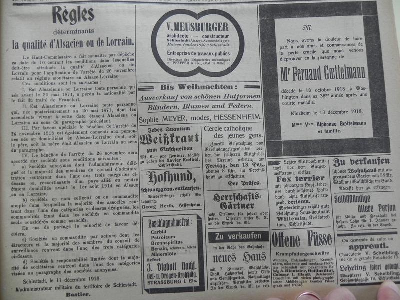 « Conditions dans lesquelles doit être attribuée la qualité d’Alsacien ou de Lorrain pour l’application de l’arrêté du 26 Novembre»  Le 13 décembre 1918.