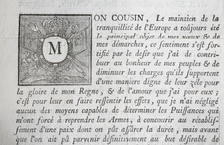 Lettre du Roy à le Prince Louis Constantin de Rohan, Évêque Prince de Strasbourg (AA184 - 1760). La lettrine représente une M. 