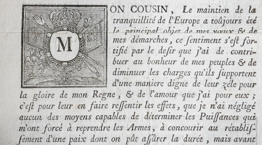 Lettre du Roy à le Prince Louis Constantin de Rohan, Évêque Prince de Strasbourg (AA184 - 1760). La lettrine représente une M. 