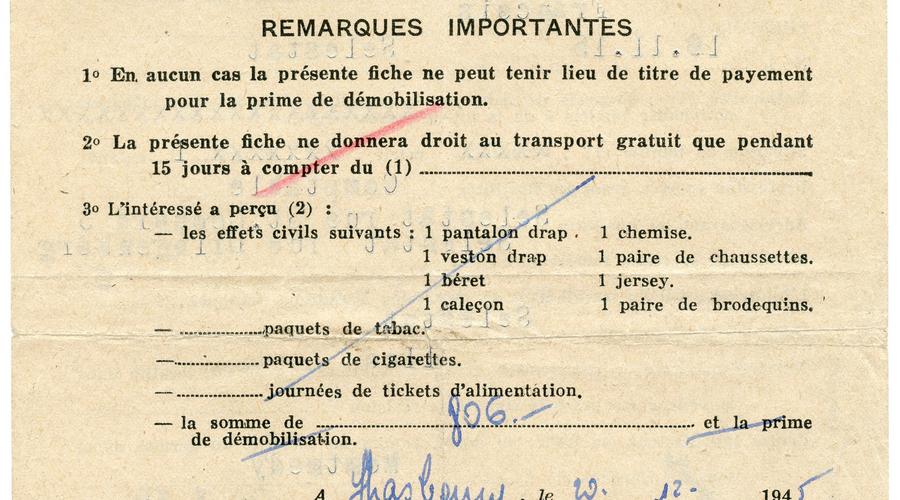 Fiche de démobilisation, verso. Signée le 20 Décembre 1945.