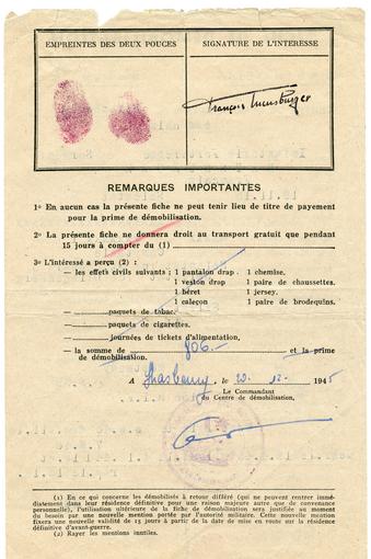 Fiche de démobilisation, verso. Signée le 20 Décembre 1945.