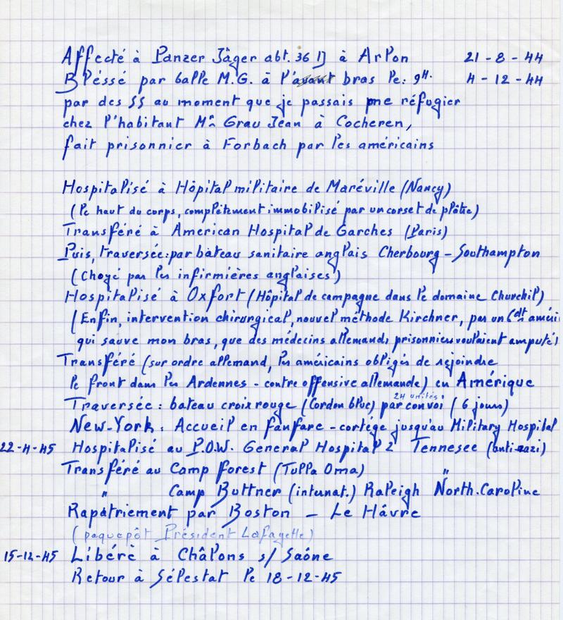 Résumé des péripéties de François Meusburger pendant la guerre, écrit par lui-même.