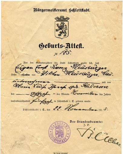 Acte de naissance de Eugen Ernst Franz Meusburger, ou François Meusburger, le 22 Novembre 1915.