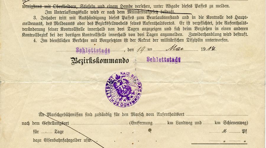 Une permission de congés accordée à Karl Krafft, signée le 19 Mai 1914.