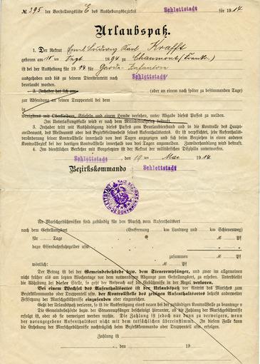 Une permission de congés accordée à Karl Krafft, signée le 19 Mai 1914.