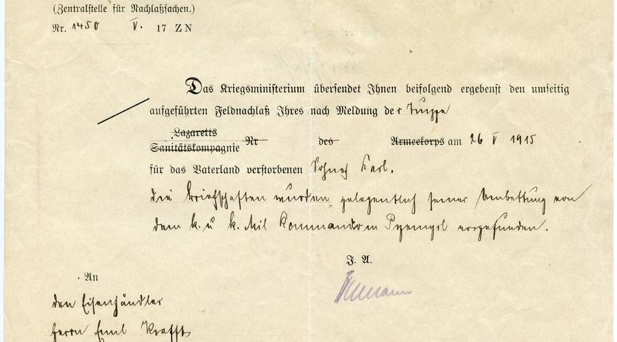Avis de décès de Karl Krafft mort au combat le 26 mai 1915. Le Ministère de la Guerre présente des condoléances à la famille de Karl Krafft. Document daté du 9 Juillet 1917.