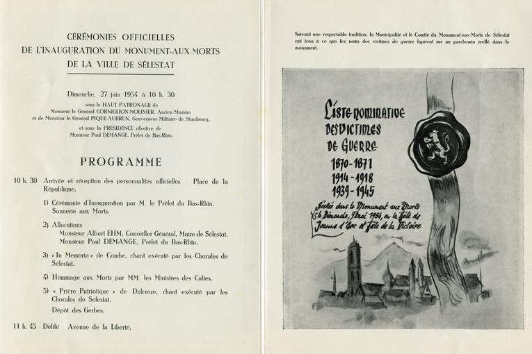 Le programme de l'inauguration du Monument aux Morts en 1954. 