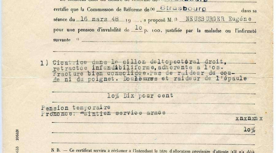 Certificat médical faisant état de 10% d'infirmité causé par les blessures de guerre de François Meusburger. Le 16 Mars 1948.  