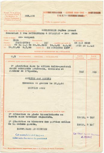 Sur un des feuillets de la pension militaire d'invalidité sont inscrites les 3 blessures de François Meusburger (voir chronologie ci-dessus).