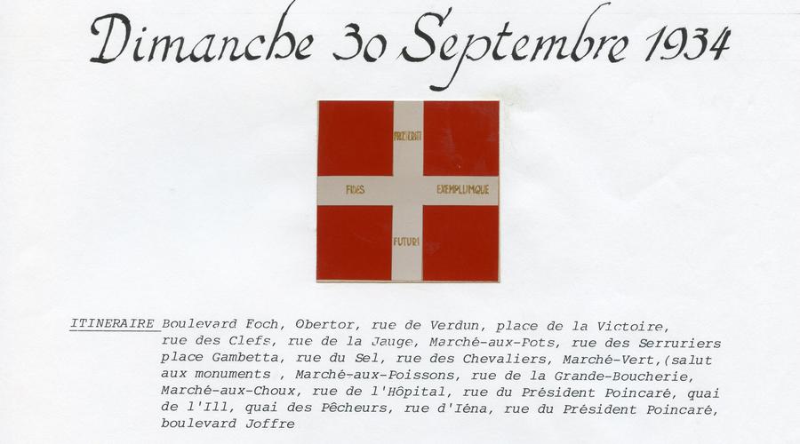 Page de présentation du cortège historique, réalisée par Monsieur Siegel et conservée dans un classeur retraçant le parcours du cortège et répertoriant les différents régiments. 