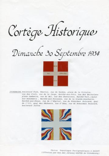 Page de présentation du cortège historique, réalisée par Monsieur Siegel et conservée dans un classeur retraçant le parcours du cortège et répertoriant les différents régiments. 