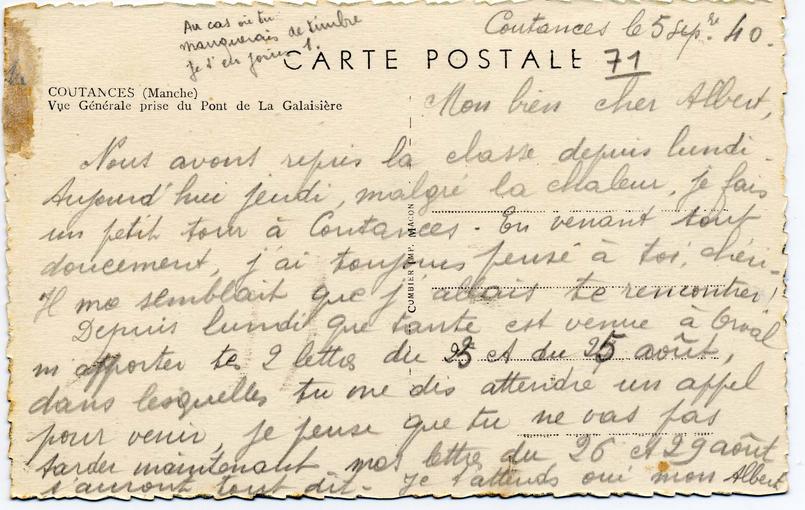 Verso de la carte postale. "Depuis lundi que tante est venue à Orval m'apporter tes 2 lettres du 23 et du 25 Août, dans lesquelles tu me dis attendre un appel pour venir, je pense que tu ne vas pas tarder maintenant."