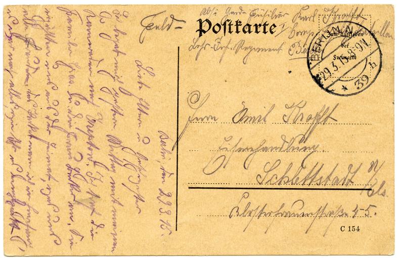 Carte envoyée par Karl Krafft à son père Emil, le 29 Mars 1915. 