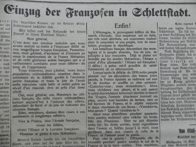 « L’Alsace a cessé d’être allemande ! L’Alsace est française !» Le 20 Novembre 1918