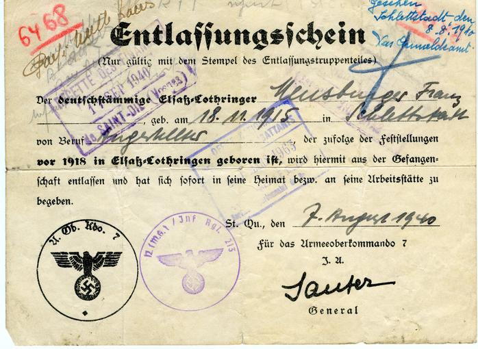 Après avoir été capturé par les allemands, François Meusburger alors encore dans l'armée française est libéré en tant qu'alsacien. Ce document prouve sa libération en 1940.