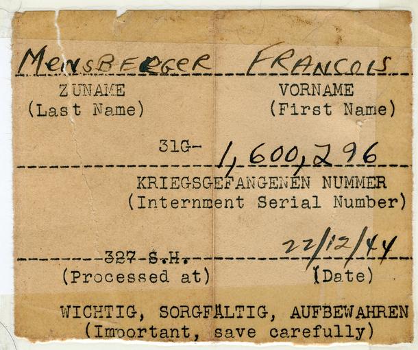 Document avec le numéro de prisonnier que les américains ont attribué à François Meusburger lors de sa détention aux Etats-Unis. 