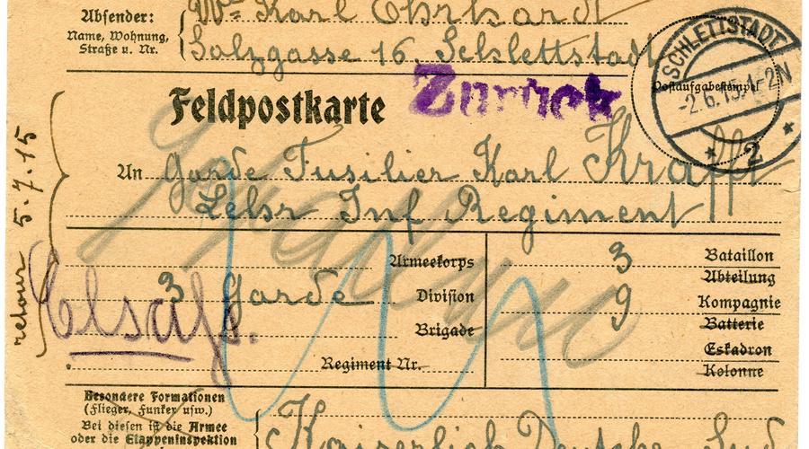 Une carte postale envoyée à Karl Krafft par sa grand-mère le 2 Juin 1915, qui lui a été retournée. 