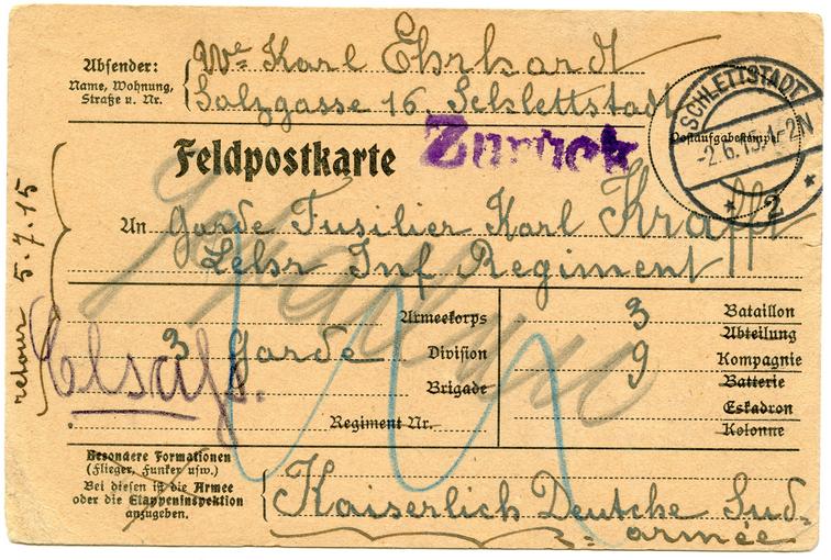 Une carte postale envoyée à Karl Krafft par sa grand-mère le 2 Juin 1915, qui lui a été retournée. 