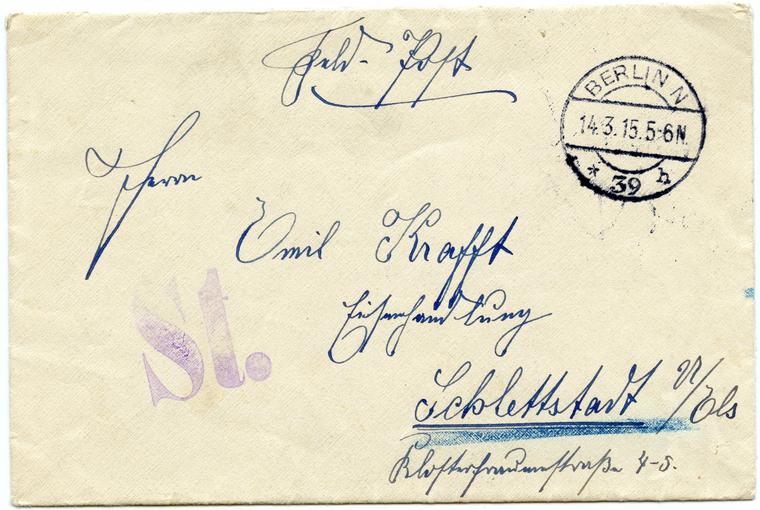 Une lettre envoyée par Karl Krafft à son père Emil Krafft, le 14 Mars 1915. 