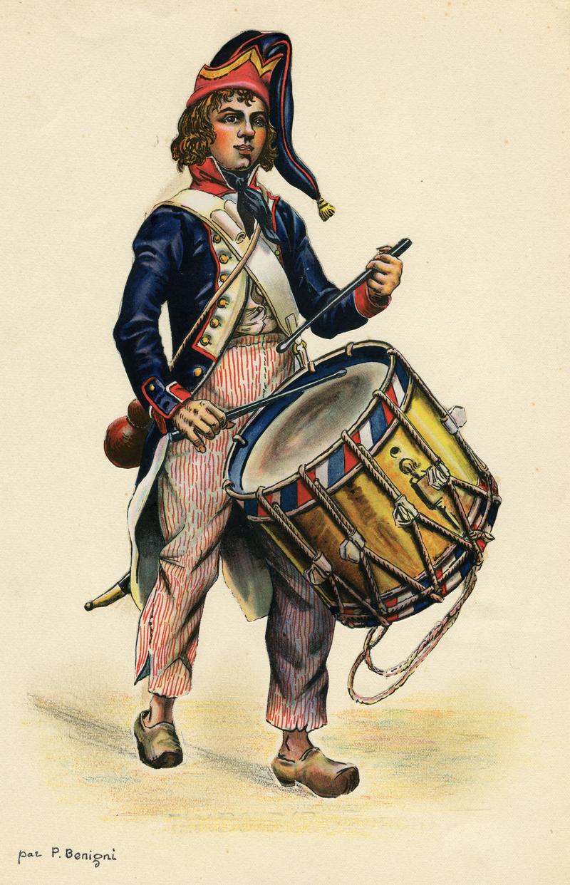 Détail de l'affiche du Tricentenaire en 1934 : un soldat jouant du tambour. Dessin de Pierre Benigni