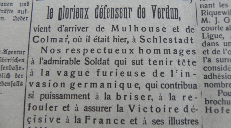 Hommage au Maréchal Pétain "qui su tenir tête à la vague furieuse de l'invasion germanique". Entre Avril et Juin 1919.