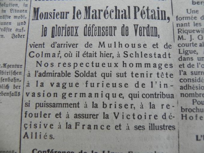 Hommage au Maréchal Pétain "qui su tenir tête à la vague furieuse de l'invasion germanique". Entre Avril et Juin 1919.