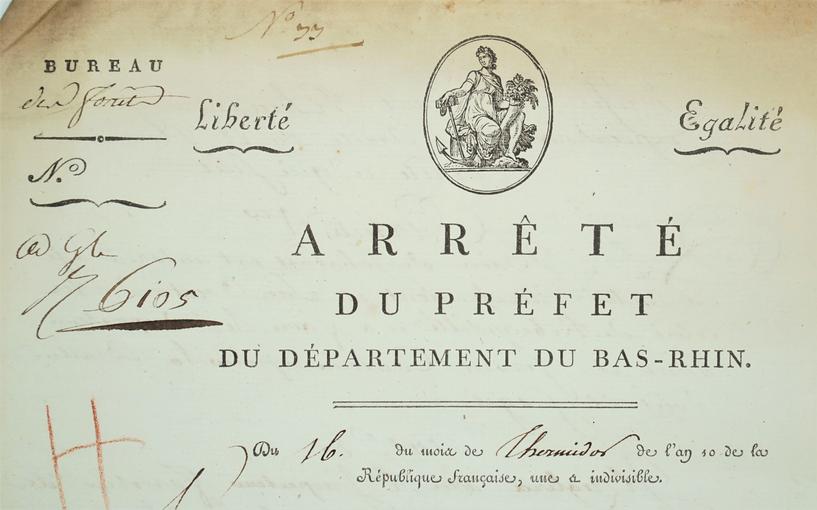 Entête d'un arrêté du Préfet du Département du Bas-Rhin, an 10 de la République française