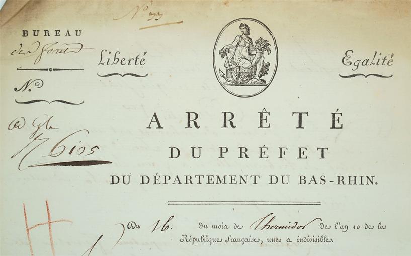 Entête d'un arrêté du Préfet du Département du Bas-Rhin, an 10 de la République française