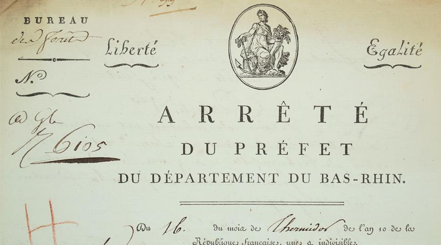 Entête d'un arrêté du Préfet du Département du Bas-Rhin, an 10 de la République française