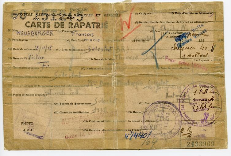 Carte de rapatrié, verso. 