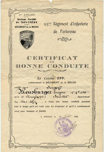 Certificat de bonne conduite de François Meusburger pendant son service militaire. Juillet 1938.