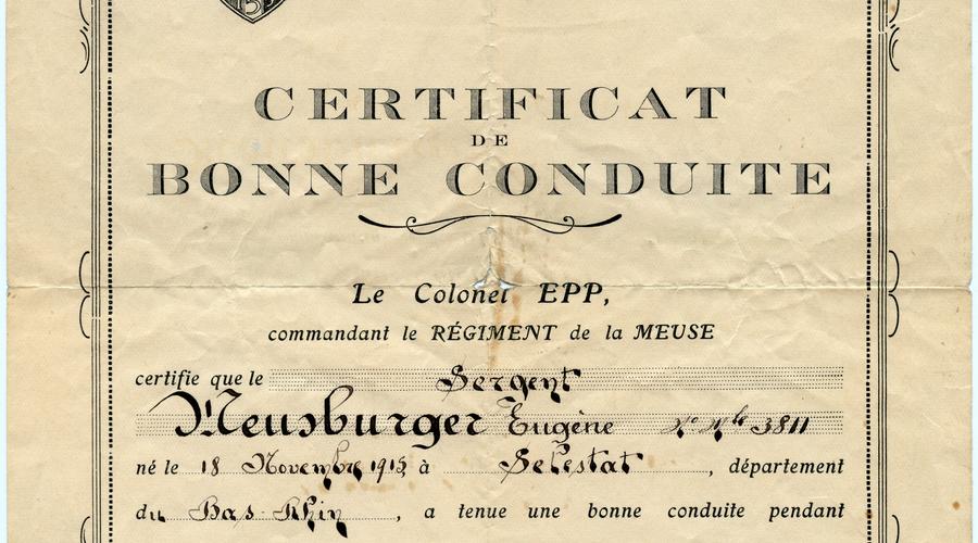 Certificat de bonne conduite de François Meusburger pendant son service militaire. Juillet 1938.