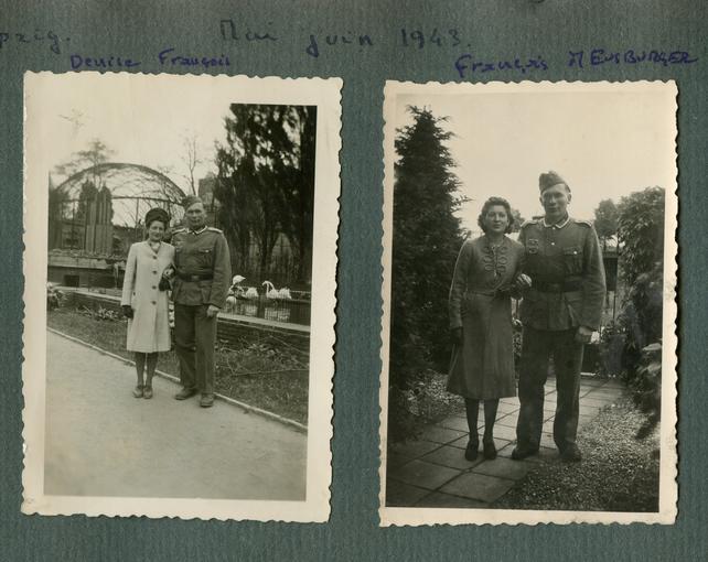 François Meusburger est mobilisé à Leipzig, incorporé de force dans la Wehrmacht. Il pose ici lors de sa permission, avec sa femme Denise. Mai-Juin 1943. 