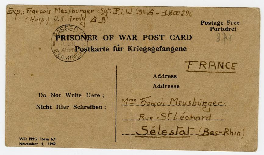 Carte postale envoyée par François Meusburger à Denise depuis l'Angleterre où il est hospitalisé. 