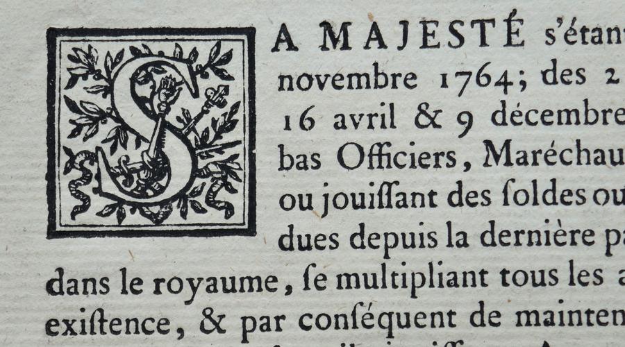 Extrait d'un correspondance du Roi (AA185 - 1760/1777). La lettrine imprimée représente la lettre S.