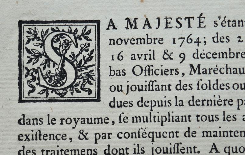 Extrait d'un correspondance du Roi (AA185 - 1760/1777). La lettrine imprimée représente la lettre S.