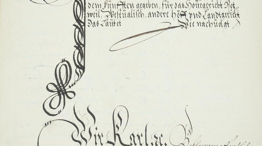 Charte de Charles-Quint, empereur, exempte les bourgeois de Schlestadt de toute juridiction étrangère (AA63 - 1521). La lettrine représente un i.