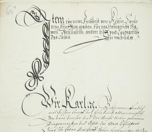 Charte de Charles-Quint, empereur, exempte les bourgeois de Schlestadt de toute juridiction étrangère (AA63 - 1521). La lettrine représente un i.