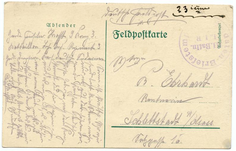 Carte postale envoyée par Karl Krafft à sa grand-mère le 22 Avril 1915, un mois avant sa tragique disparition au front Russe. 