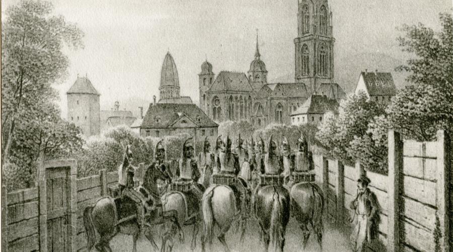 Entrée du 7eme cuirassiers dans la ville de Sélestat. Notes écrites par Monsieur Siegel. 