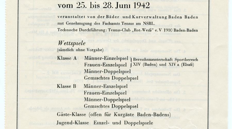 Invitation à un tournoi de tennis organisé par le Reich aux thermes de Baden Baden pour une rencontre entre le club alsacien et le club de Baden Baden. François Meusburger était vice-champion d'Alsace en simple et Champion d'Alsace en double au tennis. 