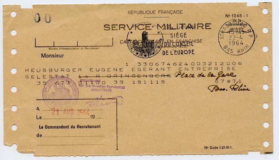 Titre de libération définitive du service militaire adressé à François Meusburger, signée le 21 Avril 1964.